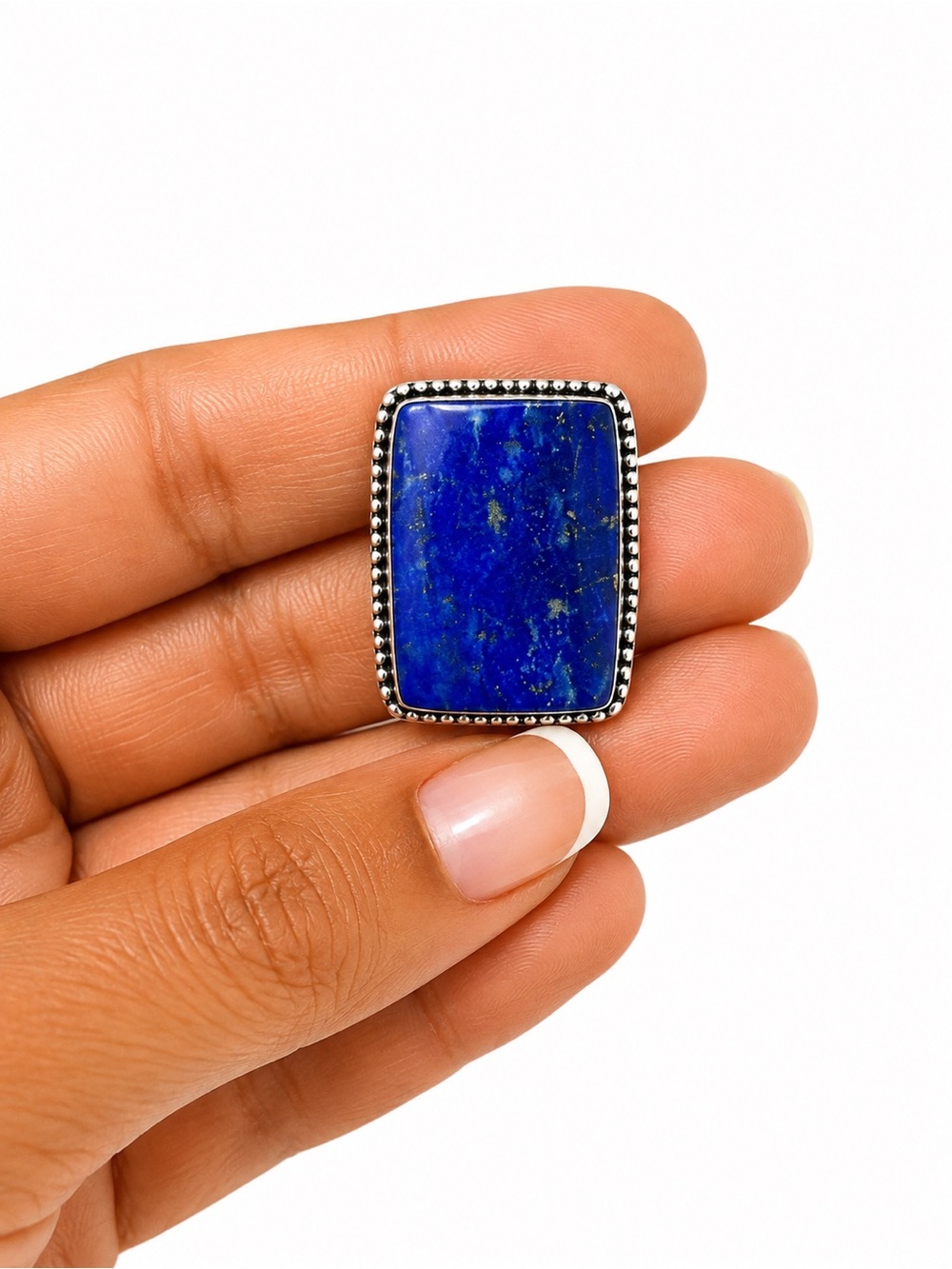 925 Sterling Silver Lapis Rectangle Bezel Ring - Blue Stone Statement Jewelry